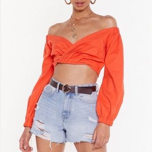 NWT Nasty Gal Coral Linen Long Sleeve Cropped Blouse 8